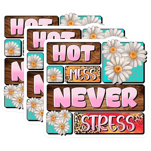 (3 Pack) Hot Mess Never Stress Decals - Daisy Flowers Stickers - Laptop Decal - 3 Inches On Longest Side - Easy Peel & Apply - Made in USA - 3MCS7231
