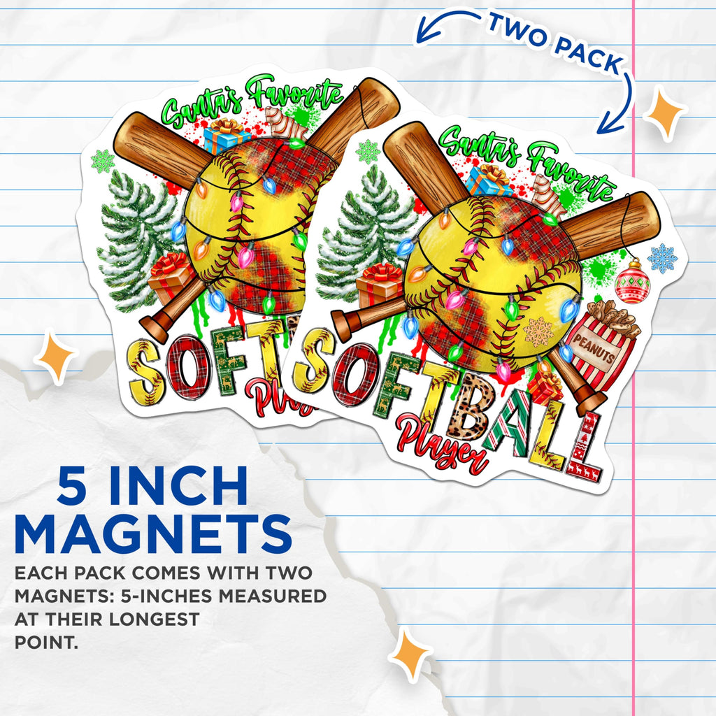 (2 Pack) Santa's Favorite Softball Player Magnets - Christmas Sports Decor - Holiday Refrigerator Art for Athletes - 5 Inches On Longest Side - Thick Durable Magnet - Made in USA - MAG30912
