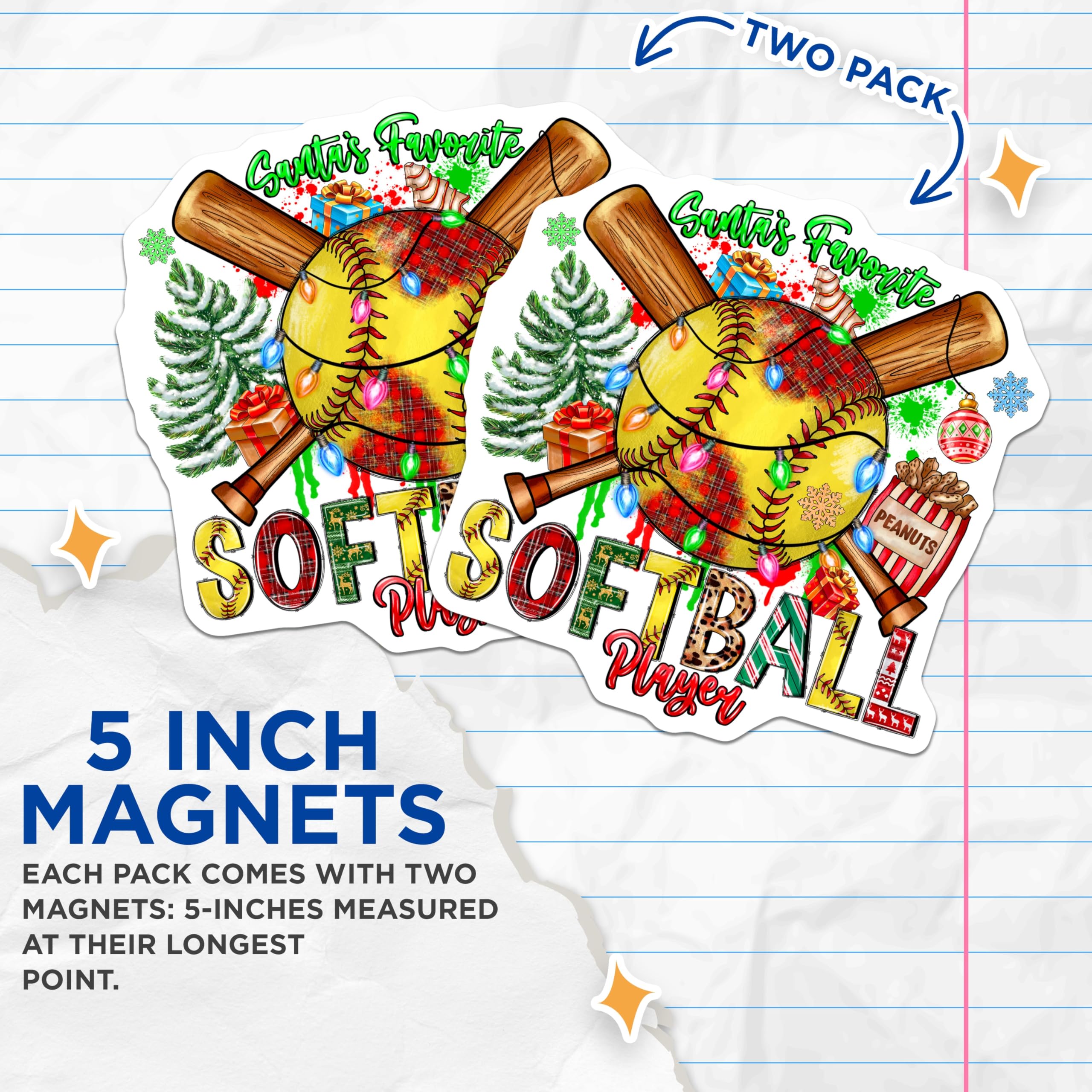 (2 Pack) Santa's Favorite Softball Player Magnets - Christmas Sports Decor - Holiday Refrigerator Art for Athletes - 5 Inches On Longest Side - Thick Durable Magnet - Made in USA - MAG30912
