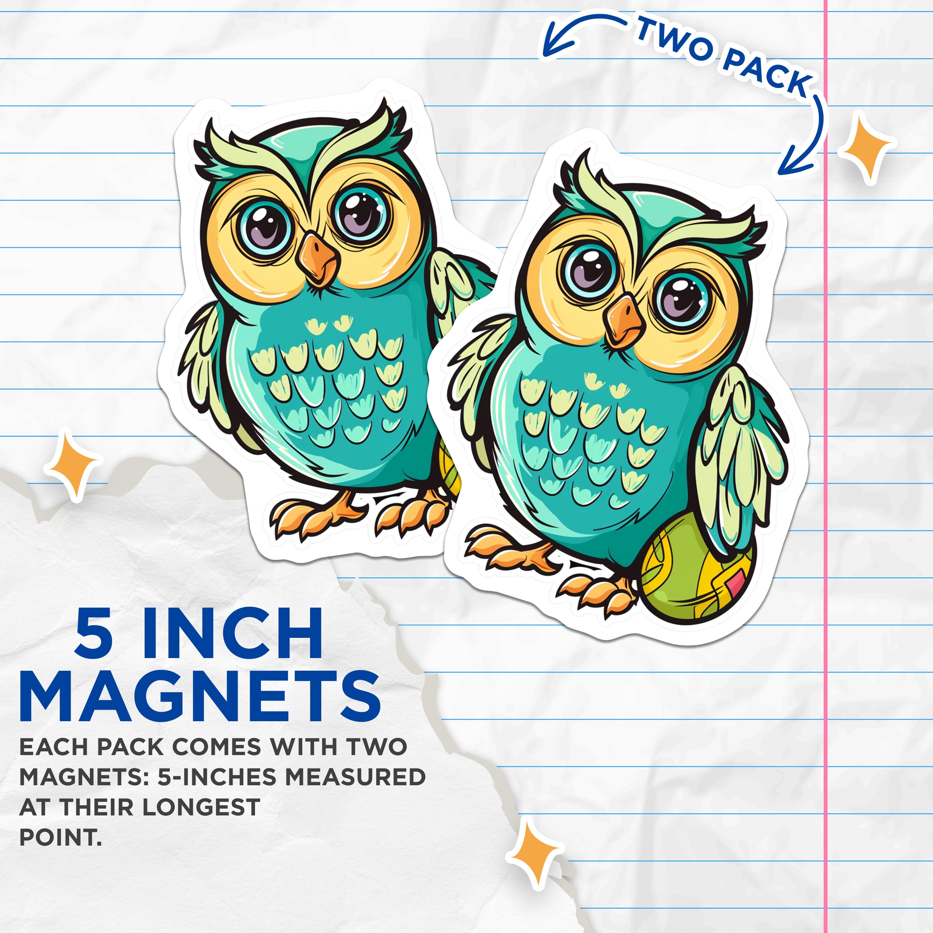 (2 Pack) Cute Owl Tennis Ball Magnets - Adorable Kawaii Animal Fridge Decor - Sports Lover Locker Accessory - 5 Inches On Longest Side - Thick Durable Magnet - Made in USA - MAG37625