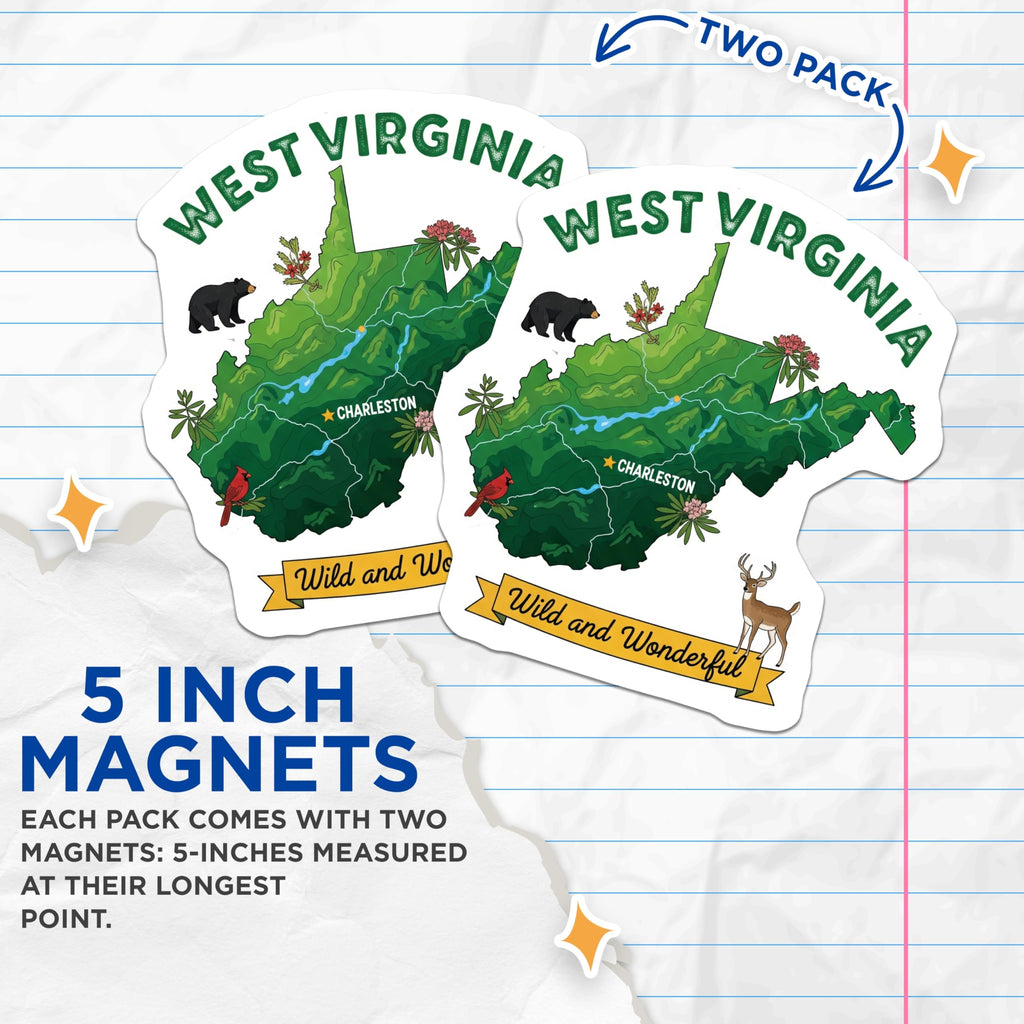 (2 Pack) West Virginia Map Magnets - Wild and Wonderful State - WV Souvenir - 5" On Longest Side - Premium Magnet - for Cars, Refrigerators, Toolboxes, Lockers - Made in USA - MAG18876