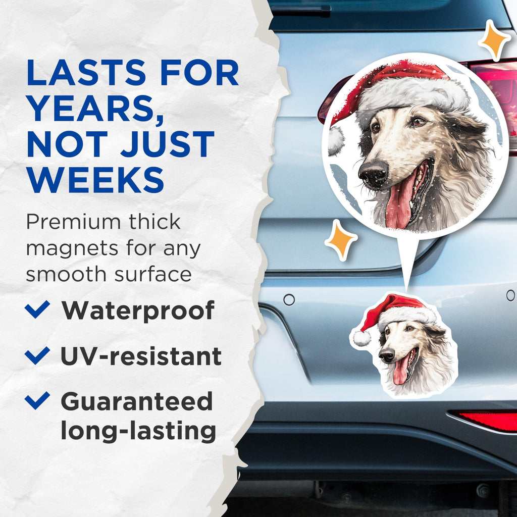 (2 Pack) Christmas Borzoi Magnets - Santa Dog Decor - Holiday Canine Fridge Art - 5 Inches On Longest Side - Thick Durable Magnet - Made in USA - MAG24473