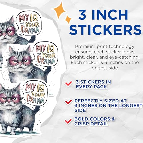 (3 Pack) Cat with Glasses Decals - Funny Kitten Decals - Sarcastic Cat Sticker - 3 Inches On Longest Side - Easy Peel & Apply - Made in USA - 3MCS7321