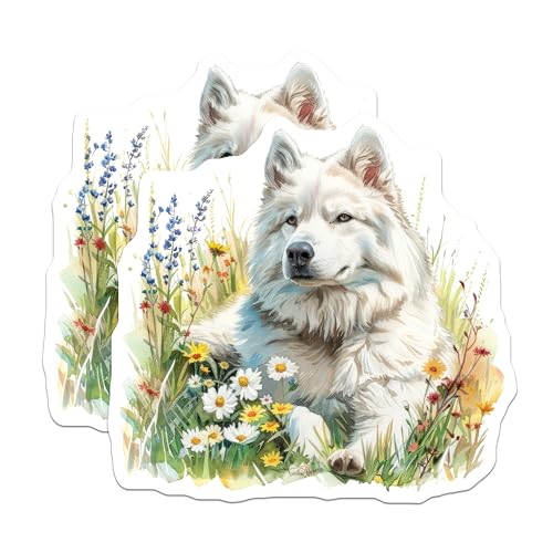 (2 Pack) White Dog Stickers - Cute Animal Stickers - Floral Art Stickers - 5" On Longest Side - Sticks to Smooth Flat Surfaces - Made in USA - BMCS7172