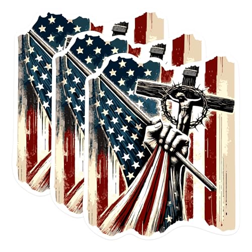 (3 Pack) Patriotic Jesus Decals - American Flag Cross - Christian Laptop Decal - 3 Inches On Longest Side - Easy Peel & Apply - Made in USA - 3MCS0938