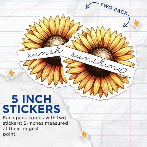 (2 Pack) Sunflower Sunshine Stickers - Floral Decor - Inspirational Quote - 5" On Longest Side - Sticks to Smooth Flat Surfaces - Made in USA - BMCS7983