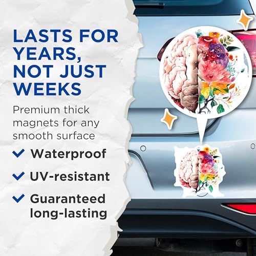 (2 Pack) Brain and Flowers Magnets - Artistic Brain - Colorful Brain Magnets - 5" On Longest Side - for Cars, Fridges, Toolboxes - Made in USA - MAG3996