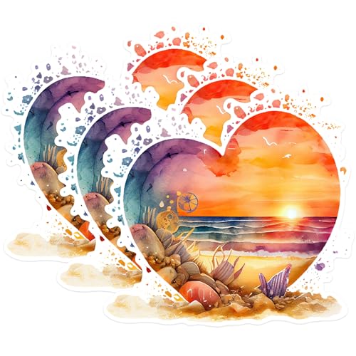 (3 Pack) Watercolor Beach Decals - Heart Sunset Decals - Coastal Laptop Decal - 3 Inches On Longest Side - Easy Peel & Apply - Made in USA - 3MCS1646