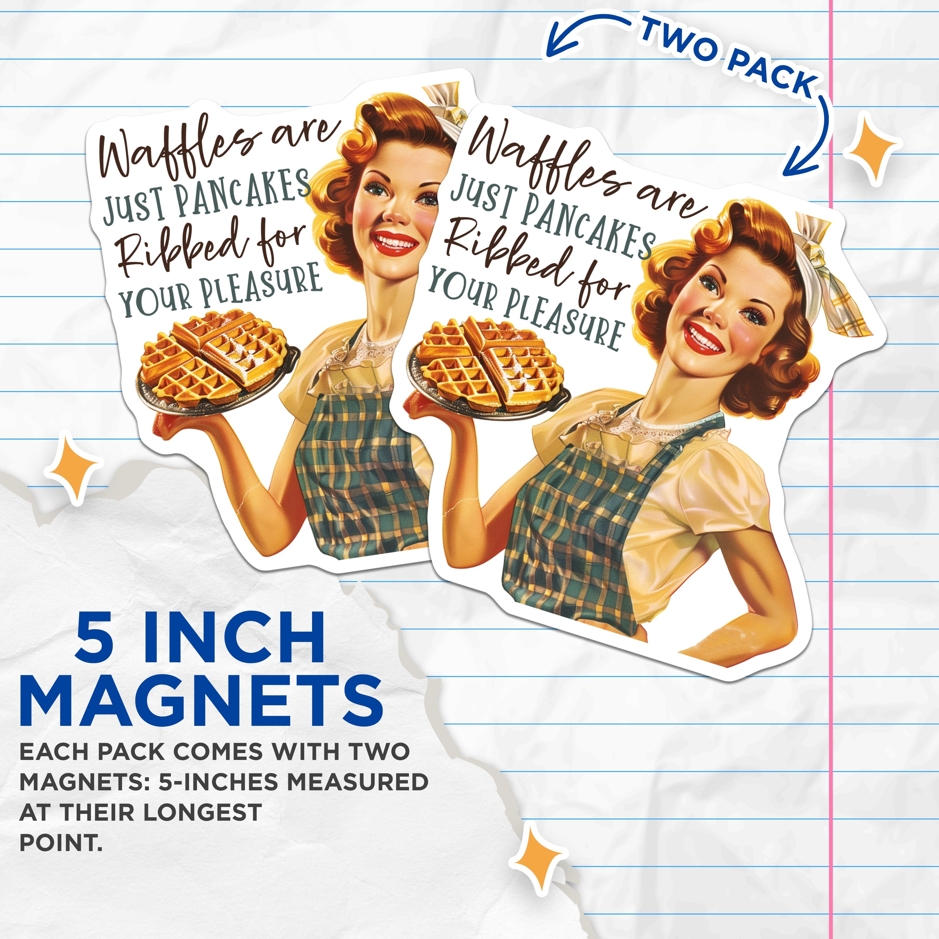 (2 Pack) Funny Waffle Magnets - Retro Kitchen Decor - Pin Up Girl Humor - Foodie Refrigerator Accessory - 5 Inches On Longest Side - Thick Durable Magnet - Made in USA - MAG38948