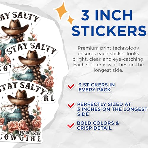 (3 Pack) Cowgirl Decals - Western Girl - Stay Salty - Laptop Decals - 3 Inches On Longest Side - Easy Peel & Apply - Made in USA - 3MCS0081