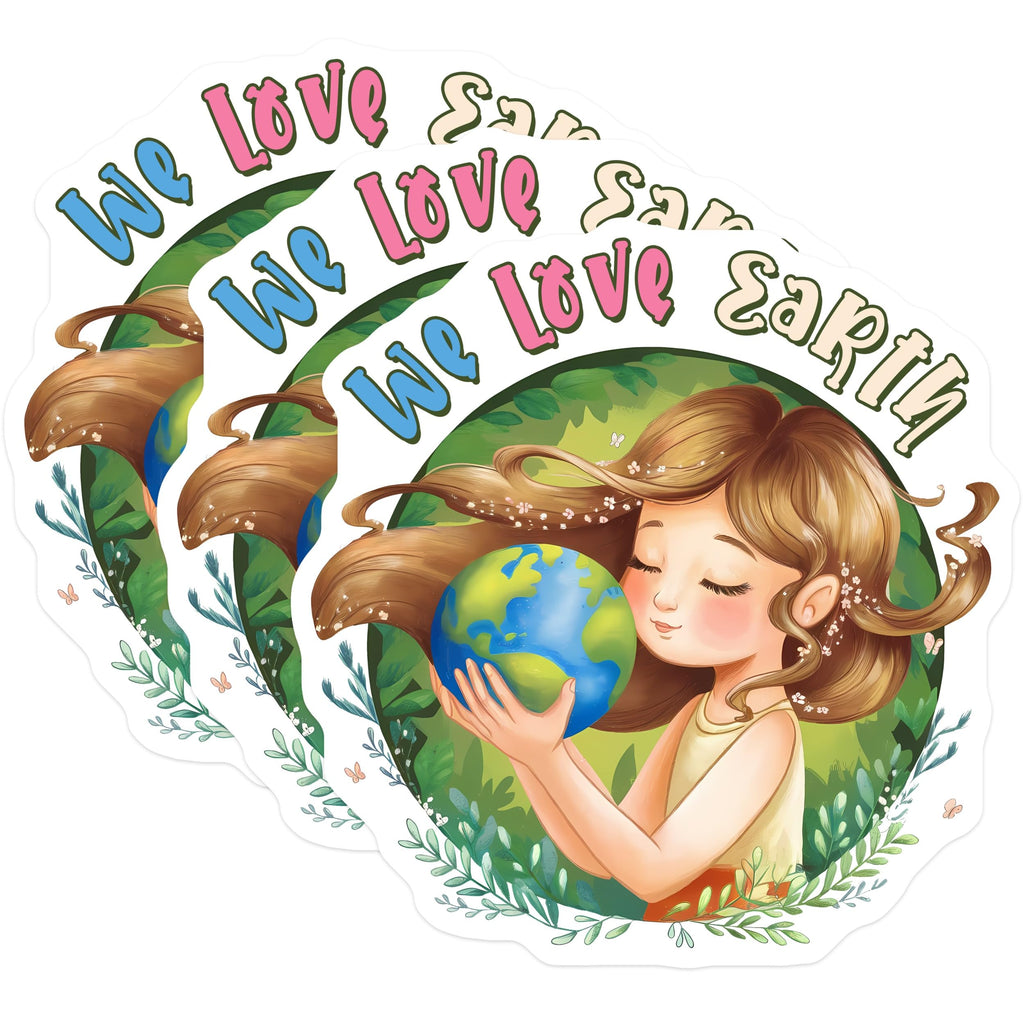 (3 Pack) Earth Day Decals - Girl Holding Earth - We Love Earth Stickers - 3 Inches On Longest Side - Easy Peel & Apply - Made in USA - 3MCS6447