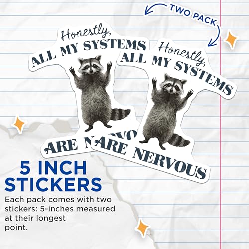 (2 Pack) Racoon Quote Stickers - Nervous Racoon - Funny Animal Sticker - 5" On Longest Side - Sticks to Smooth Flat Surfaces - Made in USA - BMCS8884