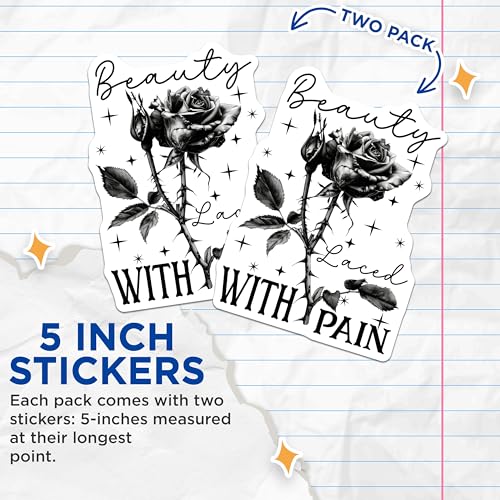 (2 Pack) Beauty Laced with Pain Stickers - Gothic Rose Stickers - Motivational Dark Themed Stickers - 5" On Longest Side - Sticks to Any Smooth Flat Surface - Made in USA - BMCS3360