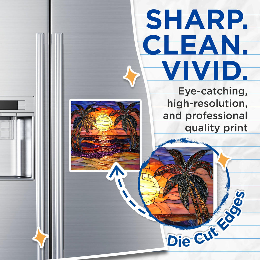 (2 Pack) Stained Glass Sunset Magnets - Tropical Palm Tree Beach Scene - Vibrant Ocean Refrigerator Decor - 5 Inches On Longest Side - Thick Durable Magnet - Made in USA - MAG29744