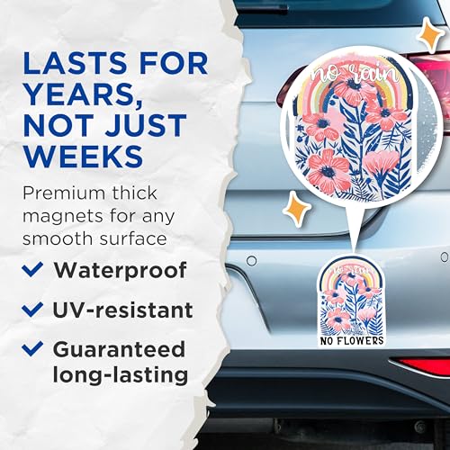 (2 Pack) No Rain No Flowers Magnets - Rainbow Magnets - Floral Magnets - Positive Quote Magnets - Colorful Magnets - 5" On Longest Side - for Cars, Fridges, Toolboxes - Made in USA - MAG3857