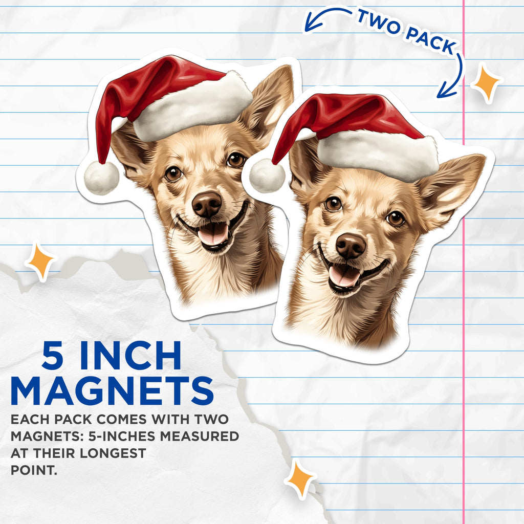 (2 Pack) Smiling Chihuahua Dog Magnets - Santa Hat Christmas Decor - Merry Holiday Pet Art - Festive Refrigerator Accessories - 5 Inches On Longest Side - Thick Durable Magnet - Made in USA - MAG23579