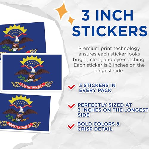 (3 Pack) North Dakota Flag Decals - ND State Pride - Laptop Decals - 3 Inches On Longest Side - Easy Peel & Apply - Made in USA - 3MCS0206