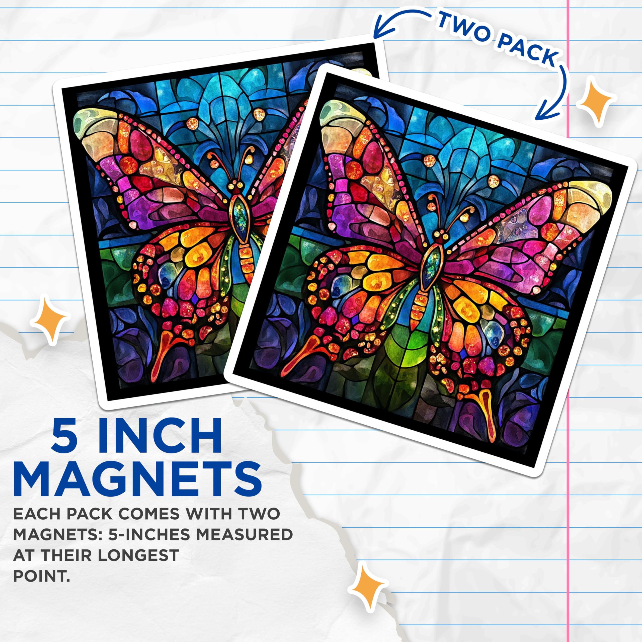 (2 Pack) Stained Glass Butterfly Magnets - Vibrant Mosaic Butterfly Decor - Artistic Fridge Locker Home Accent - 5 Inches On Longest Side - Thick Durable Magnet - Made in USA - MAG28578