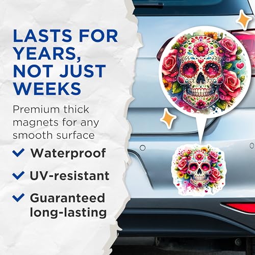 (2 Pack) Day of The Dead Skull Magnets Magnets - Sugar Skull Decor - 5" On Longest Side - Made in USA - Sticks to Refrigerators & Metal Surfaces - MAG9249