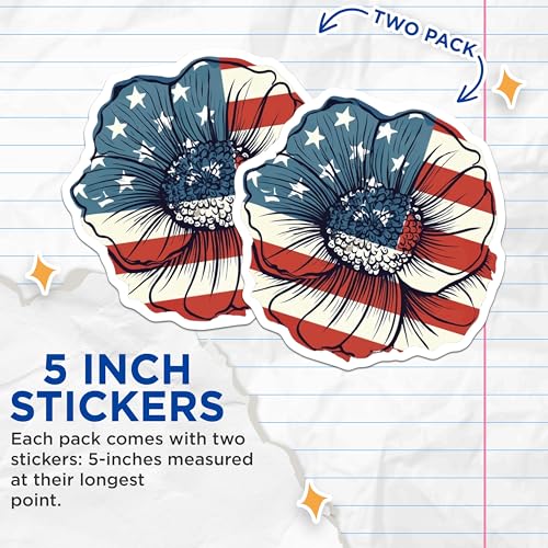 (2 Pack) American Flag Flower Stickers - Independence Day Decoration - Patriotic Vinyl Decal - 5" On Longest Side - Sticks to Smooth Flat Surfaces - Made in USA - BMCS8969