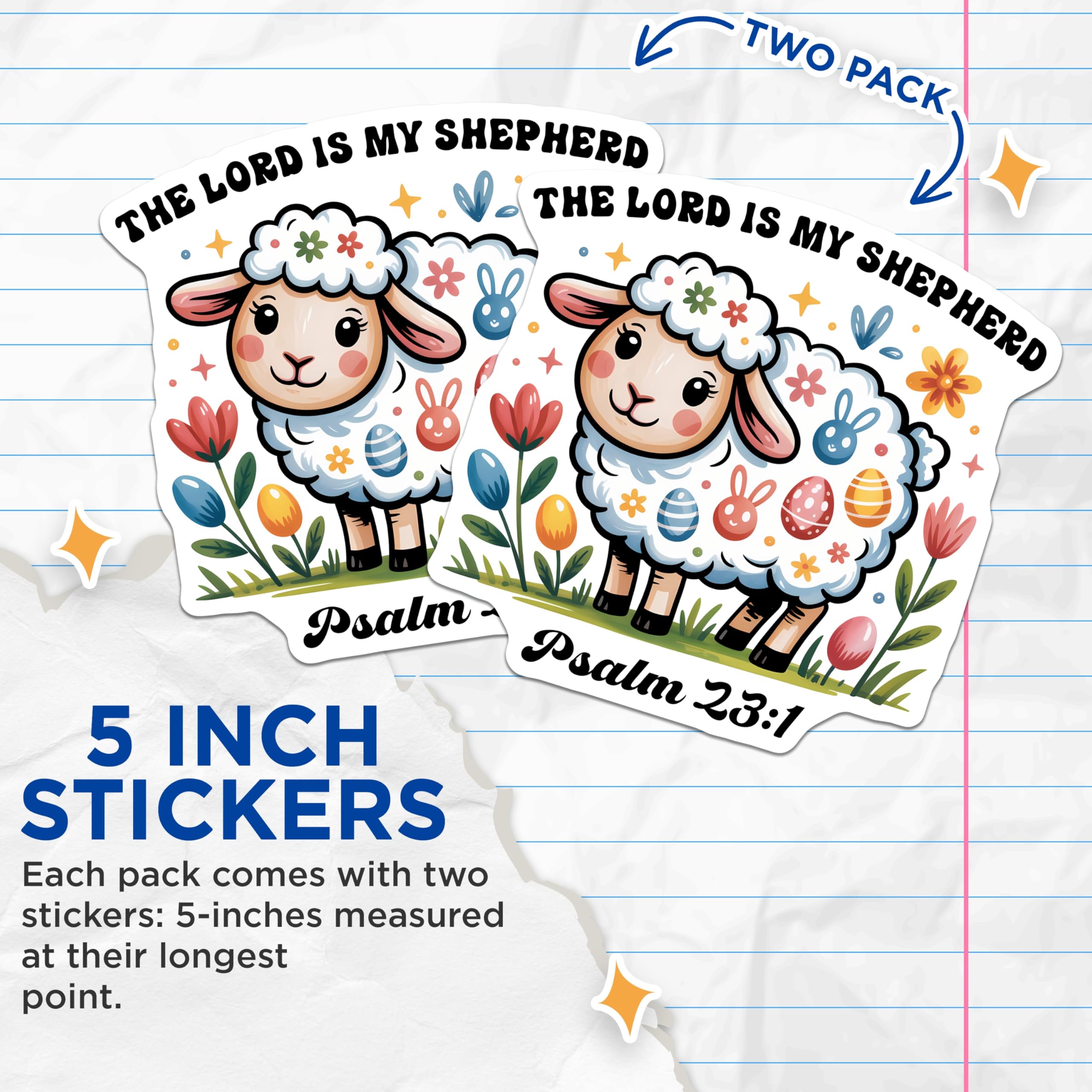 (2 Pack) Christian Stickers - Sheep Stickers - Psalm 23 1 Stickers- 5" On Longest Side - Sticks to Smooth Flat Surfaces - Made in USA - BMCS16281