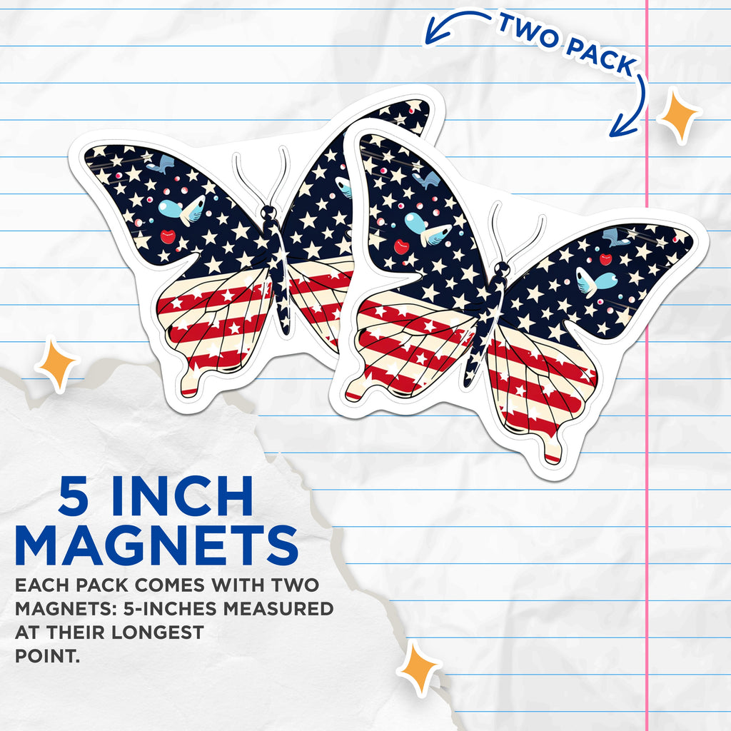 (2 Pack) Patriotic Butterfly Magnets - American Flag Fridge Decor - July 4th Military Veteran Accent - 5 Inches On Longest Side - Thick Durable Magnet - Made in USA - MAG37202