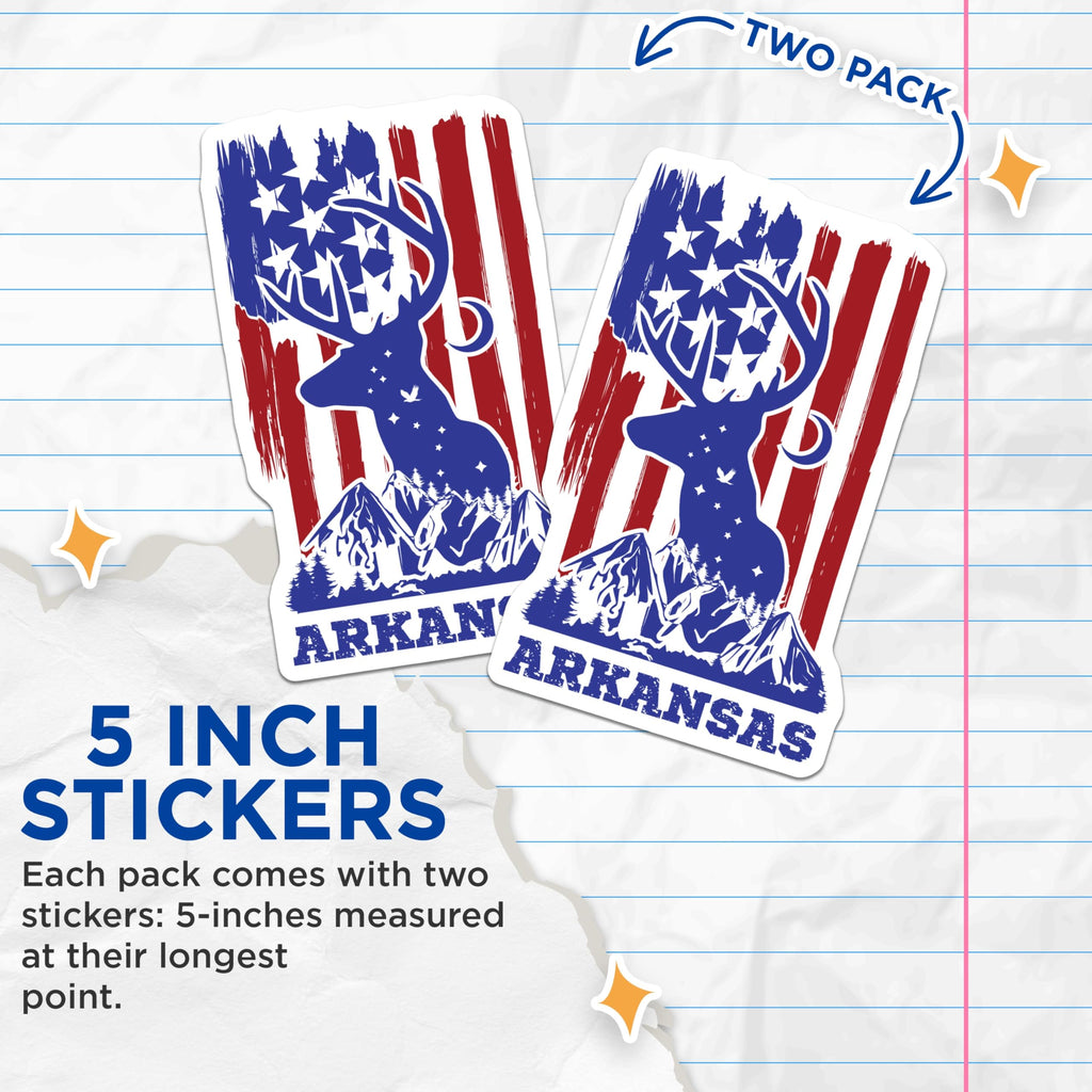 (2 Pack) Arkansas Deer Stickers - American Flag Patriotic - State Pride Souvenir - 5" On Longest Side - Sticks to Smooth Flat Surfaces - Made in USA - BMCS18088