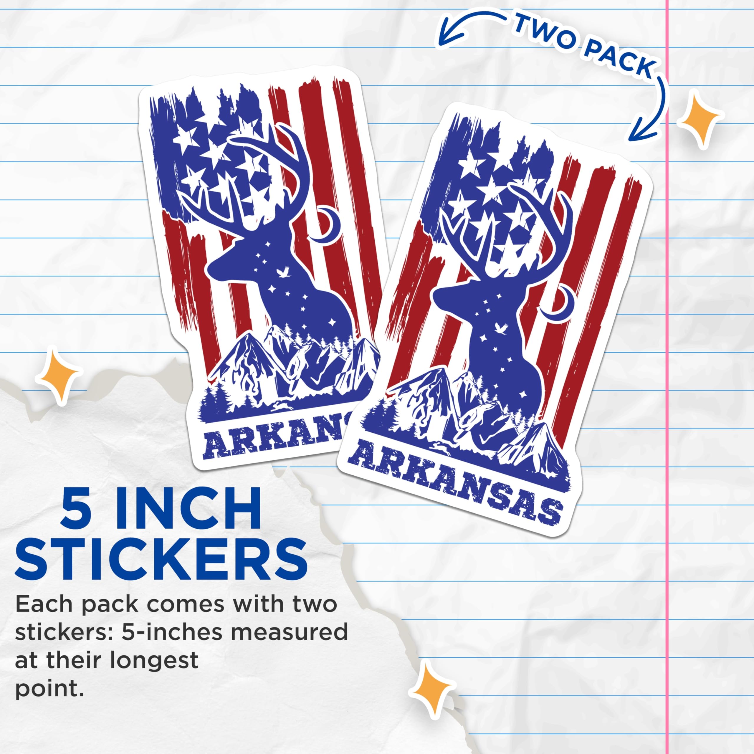 (2 Pack) Arkansas Deer Stickers - American Flag Patriotic - State Pride Souvenir - 5" On Longest Side - Sticks to Smooth Flat Surfaces - Made in USA - BMCS18088