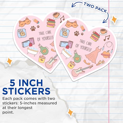 (2 Pack) Take Care of Yourself Stickers - Self Care Decor - Inspirational Heart Design - 5" On Longest Side - Sticks to Smooth Flat Surfaces - Made in USA - BMCS6857