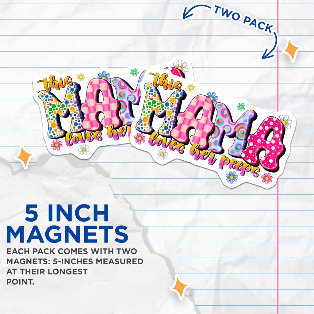 (2 Pack) Groovy Mama Magnets - This Mama Loves Her Peeps - Retro Mom Aesthetic Decor - 5 Inches On Longest Side - Thick Durable Magnet - Made in USA - MAG26428