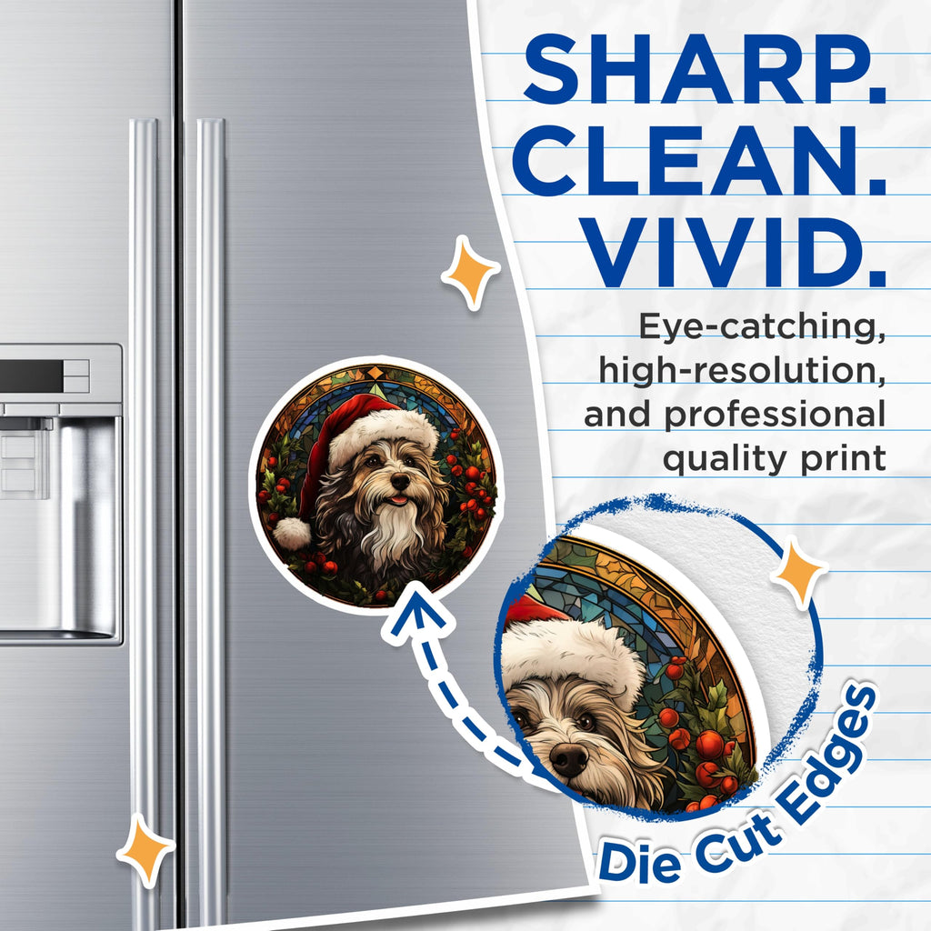 (2 Pack) Festive Christmas Dog Magnets - Santa Hat Dog Art - Stained Glass Style Decor - Holiday Refrigerator Display - 5 Inches On Longest Side - Thick Durable Magnet - Made in USA - MAG27429