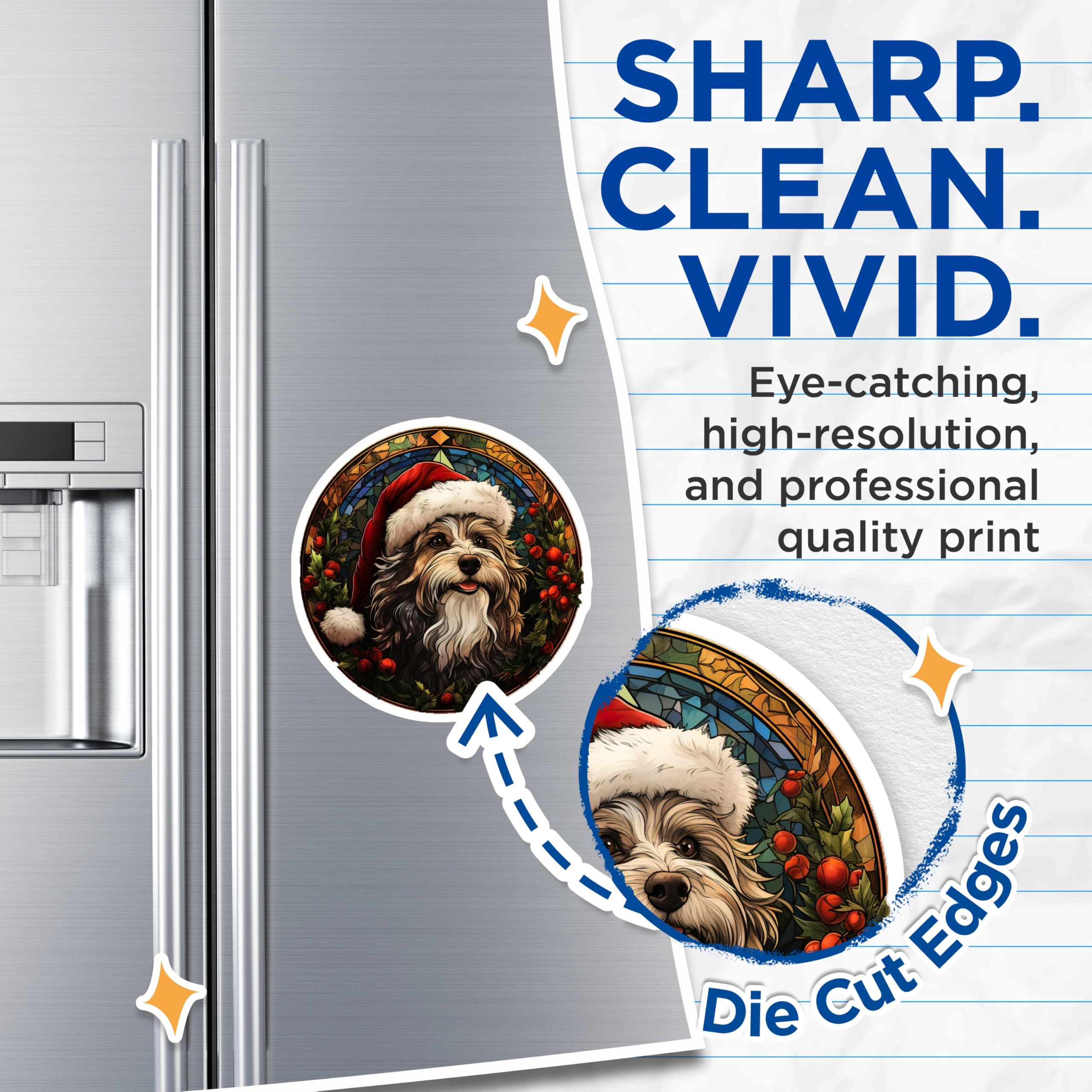 (2 Pack) Festive Christmas Dog Magnets - Santa Hat Dog Art - Stained Glass Style Decor - Holiday Refrigerator Display - 5 Inches On Longest Side - Thick Durable Magnet - Made in USA - MAG27429