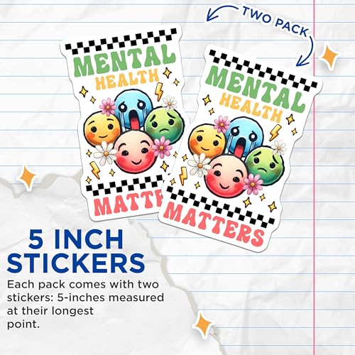 (2 Pack) Mental Health Matters Stickers - Positive Message - Motivational Emojis - 5" On Longest Side - Sticks to Smooth Flat Surfaces - Made in USA - BMCS8237
