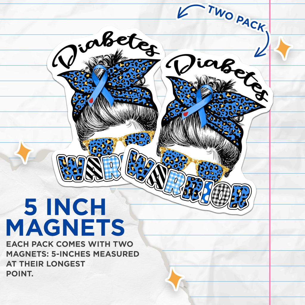 (2 Pack) Diabetes Awareness Magnets - Warrior Messy Bun Magnets - Blue Ribbon Support - 5" On Longest Side - Premium Magnet - for Cars, Refrigerators, Toolboxes, Lockers - Made in USA - MAG16674