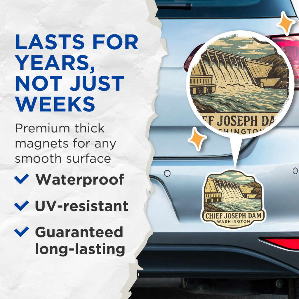 (2 Pack) Chief Joseph Dam Magnets - Washington State Landmark Souvenir - Columbia River Valley Travel Collectible - 5 Inches On Longest Side - Thick Durable Magnet - Made in USA - MAG19899