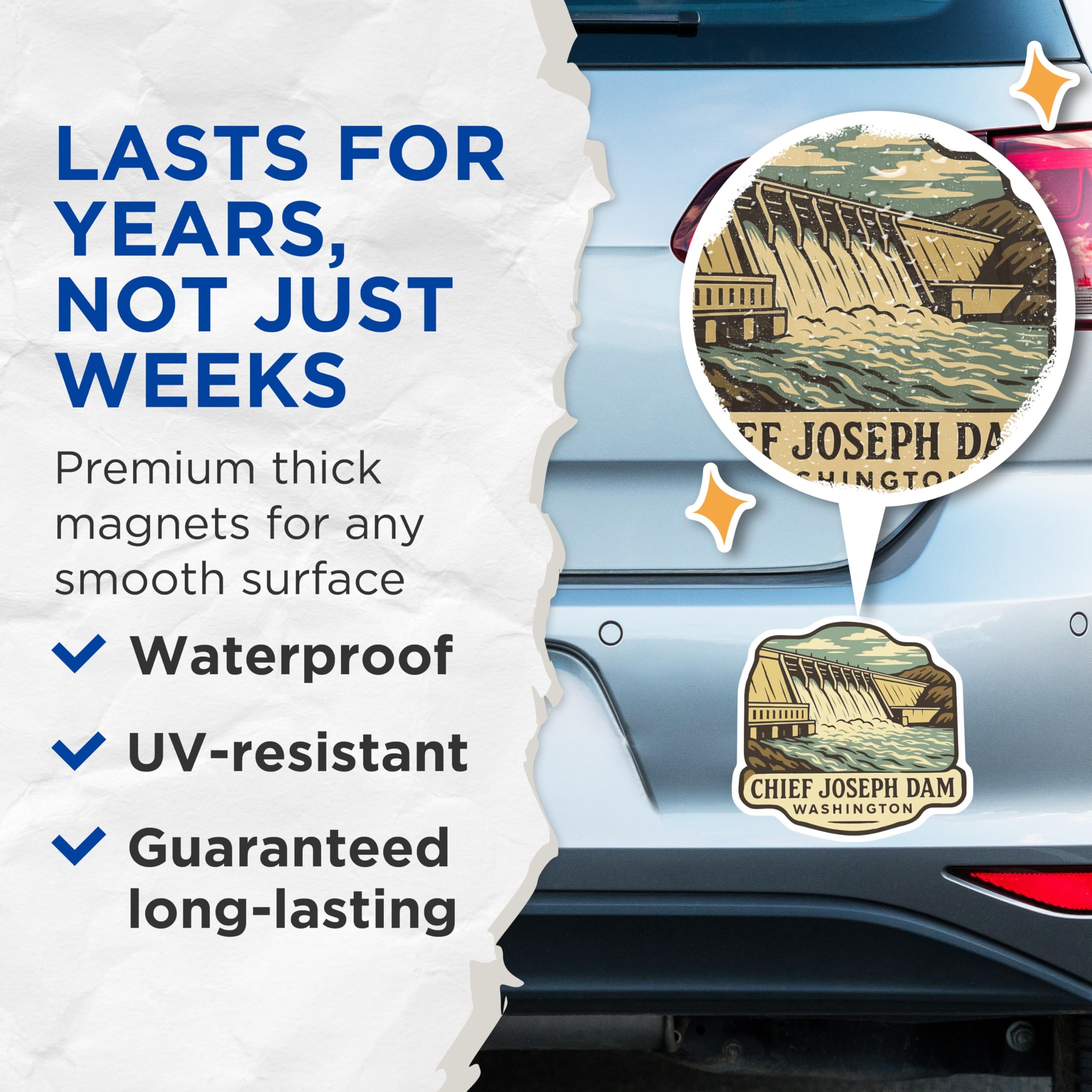 (2 Pack) Chief Joseph Dam Magnets - Washington State Landmark Souvenir - Columbia River Valley Travel Collectible - 5 Inches On Longest Side - Thick Durable Magnet - Made in USA - MAG19899