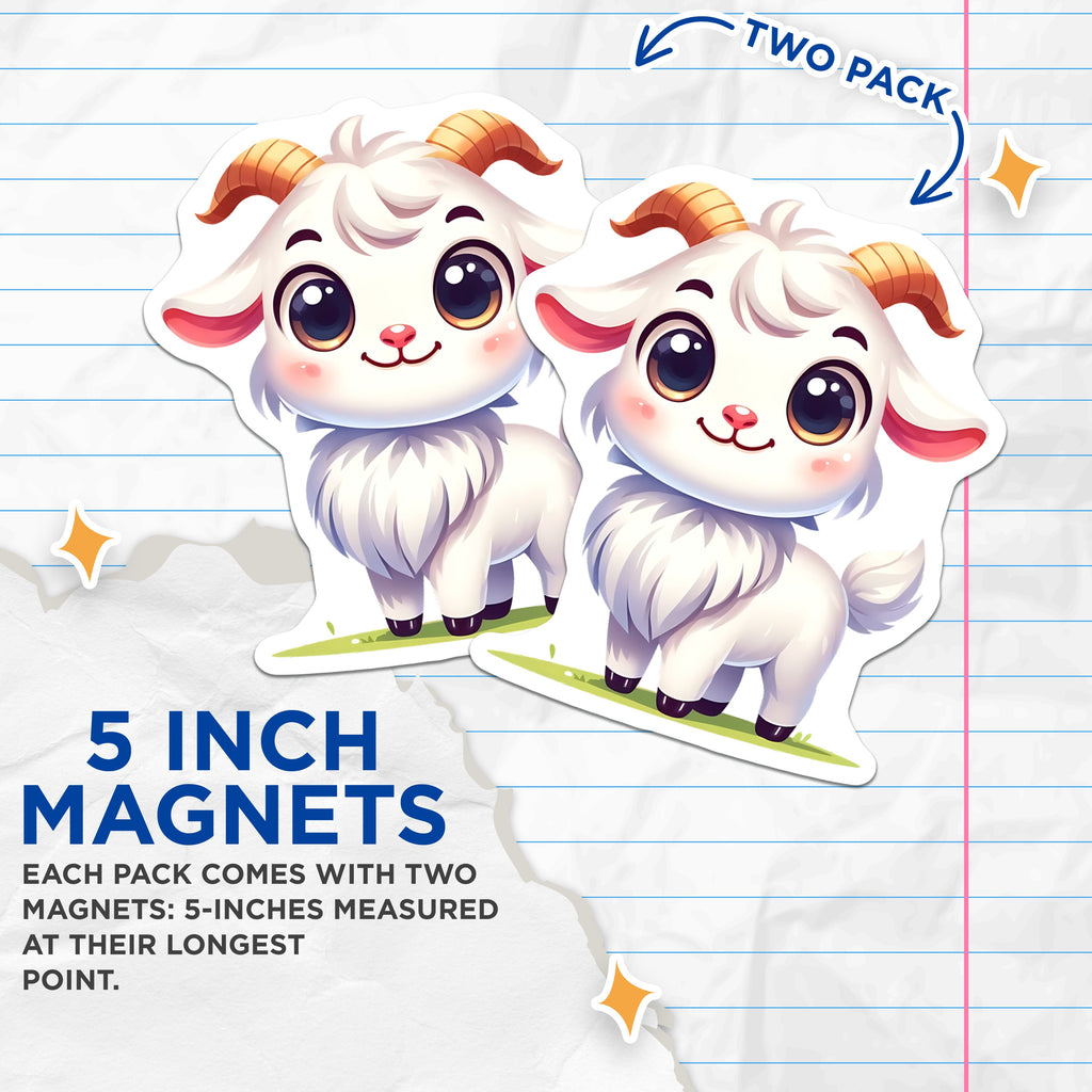 (2 Pack) Cute Baby Goat Magnets - Kawaii Farm Animal - Refrigerator Decor for Kitchen Whiteboard - 5 Inches On Longest Side - Thick Durable Magnet - Made in USA - MAG38517
