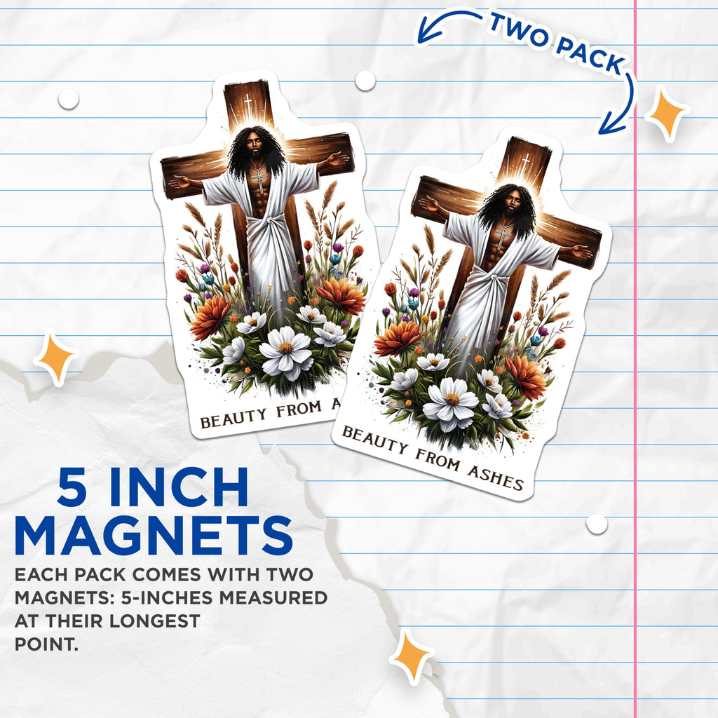 (2 Pack) Jesus Christ Dreadlocks Magnets - Beauty from Ashes Christian Faith Art - Inspirational Cross Floral Devotion Decor - 5 Inches On Longest Side - Thick Durable Magnet - Made in USA - MAG20608