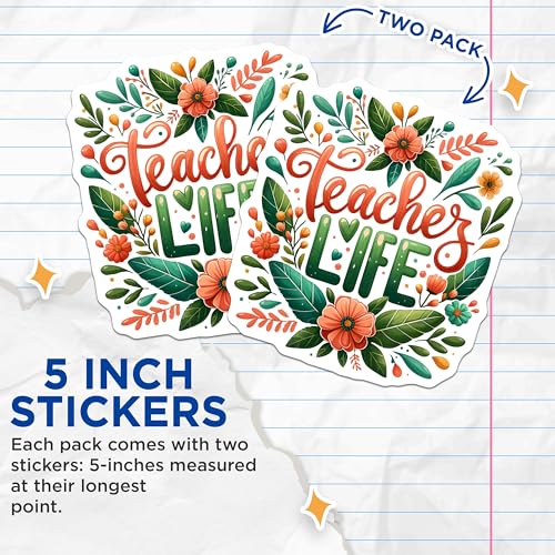 (2 Pack) Teacher Life Stickers - Floral Teacher Stickers - Inspirational Teacher Stickers - 5" On Longest Side - Sticks to Smooth Flat Surfaces - Made in USA - BMCS4422