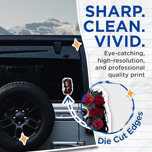 (2 Pack) Sugar Skull Stickers - Day of The Dead Art - Floral Skull Tattoo Sticker - 5" On Longest Side - Sticks to Smooth Flat Surfaces - Made in USA - BMCS9202 - BMCS9202