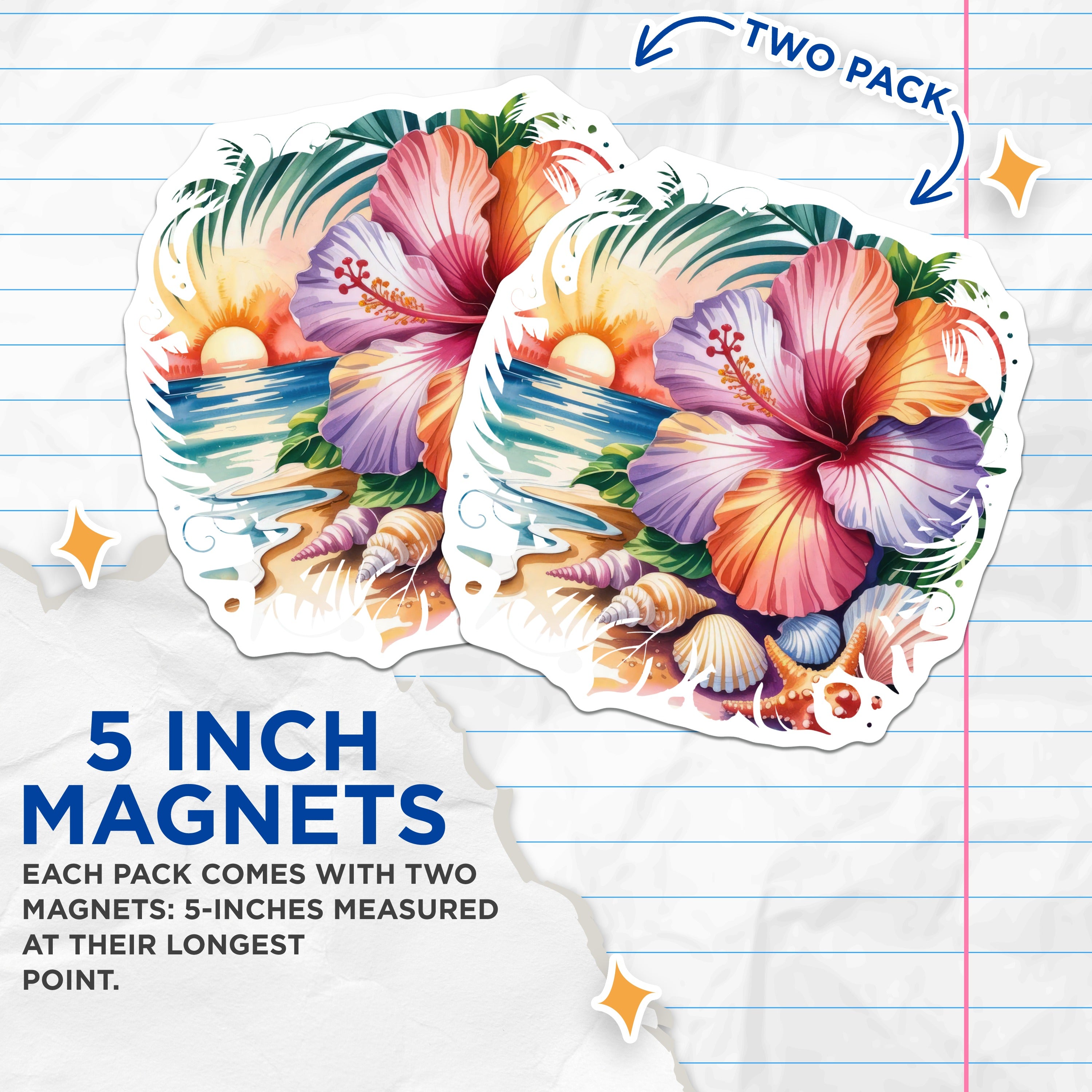 (2 Pack) Tropical Beach Scene Magnets - Hawaiian Hibiscus Floral Art - Ocean Sunset Beach Decor - Seashell Starfish - 5 Inches On Longest Side - Thick Durable Magnet - Made in USA - MAG39158