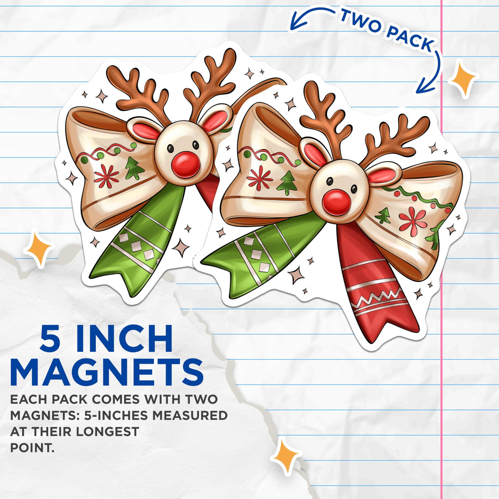 (2 Pack) Rudolph Reindeer Bow Magnets - Adorable Christmas Kitchen Decor - Festive Holiday Season Home Appliance Accent - 5 Inches On Longest Side - Thick Durable Magnet - Made in USA - MAG23956