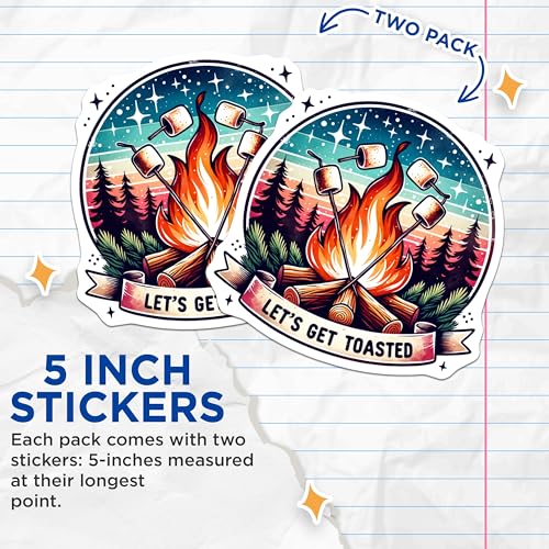 (2 Pack) Camping Adventure Stickers - Let's Get Toasted Design - Campfire Night - Outdoor Fun Stickers - 5" On Longest Side - Sticks to Smooth Flat Surfaces - Made in USA - BMCS7016