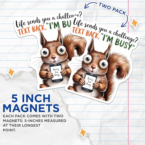 (2 Pack) Funny Squirrel Magnets Magnets - I'm Busy Quote - Humorous Animal Magnet - 5" On Longest Side - Made in USA - Sticks to Refrigerators & Metal Surfaces - MAG8754
