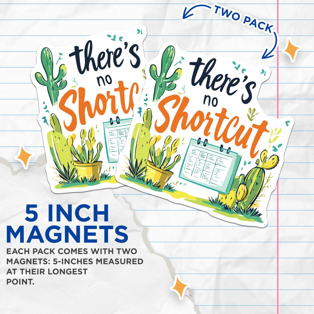 (2 Pack) Theres No Shortcut Magnets - Daily Motivational Progress Reminder - Cactus Succulent Decor Calendar Organizer - 5 Inches On Longest Side - Thick Durable Magnet - Made in USA - MAG19730