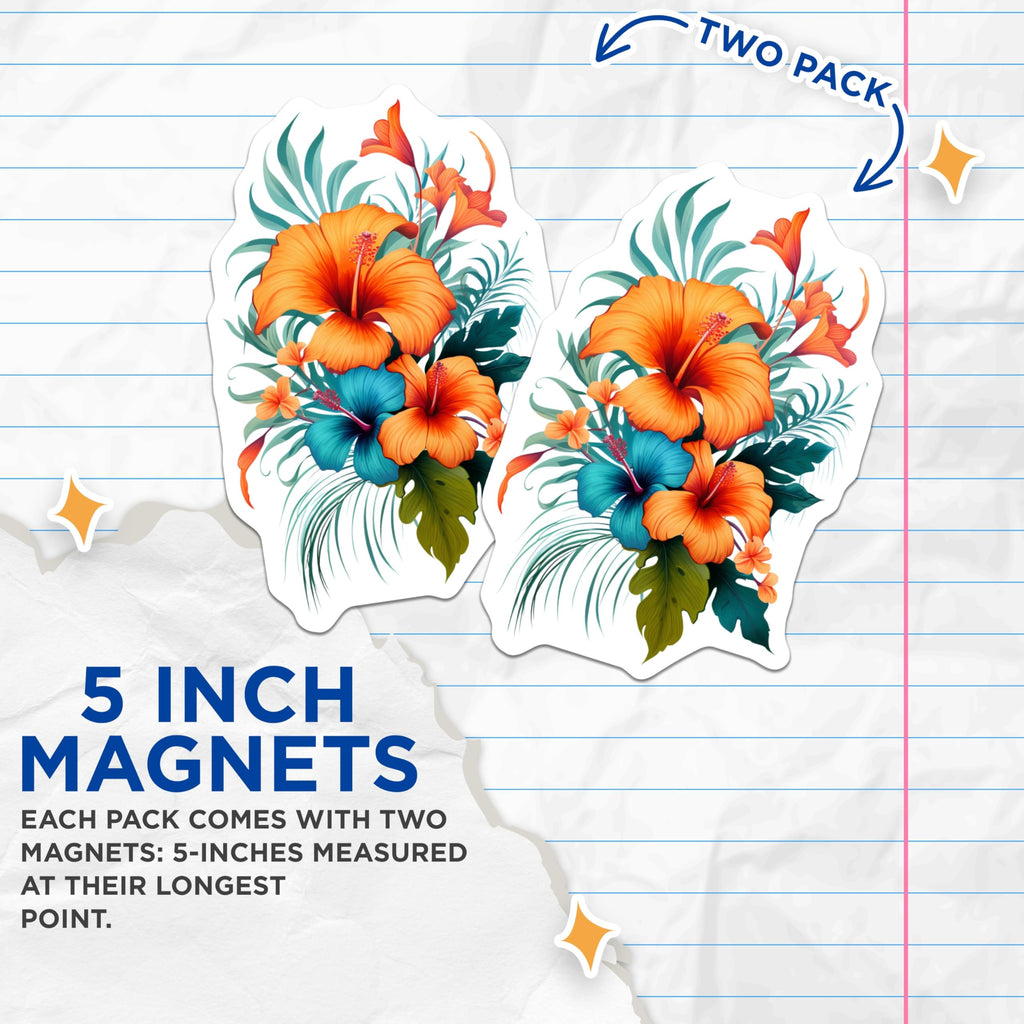(2 Pack) Tropical Hibiscus Magnets - Exotic Floral Decor - Refrigerator Locker Decor - 5 Inches On Longest Side - Thick Durable Magnet - Made in USA - MAG20040