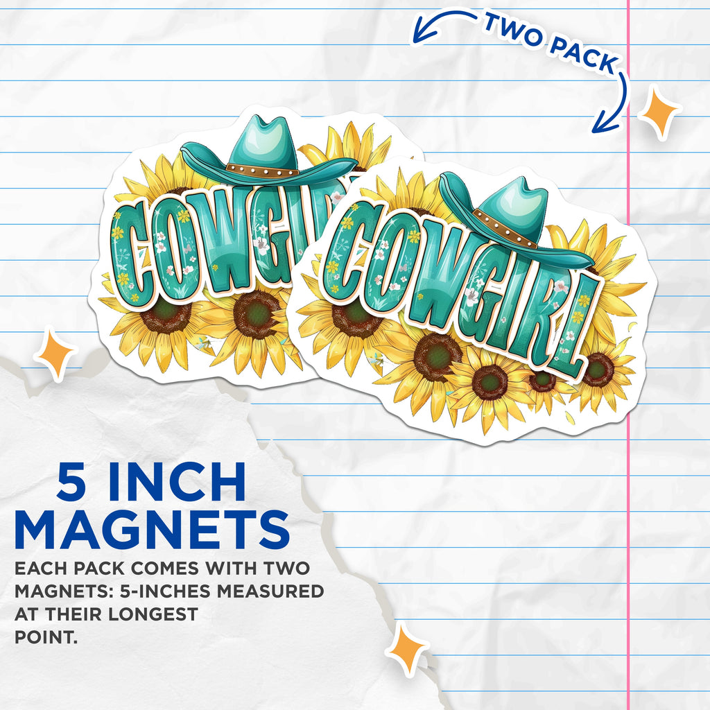 (2 Pack) Cowgirl Sunflower Magnets - Teal Western Country Style - Boho Rodeo Farmhouse Kitchen Accents - 5 Inches On Longest Side - Thick Durable Magnet - Made in USA - MAG39866