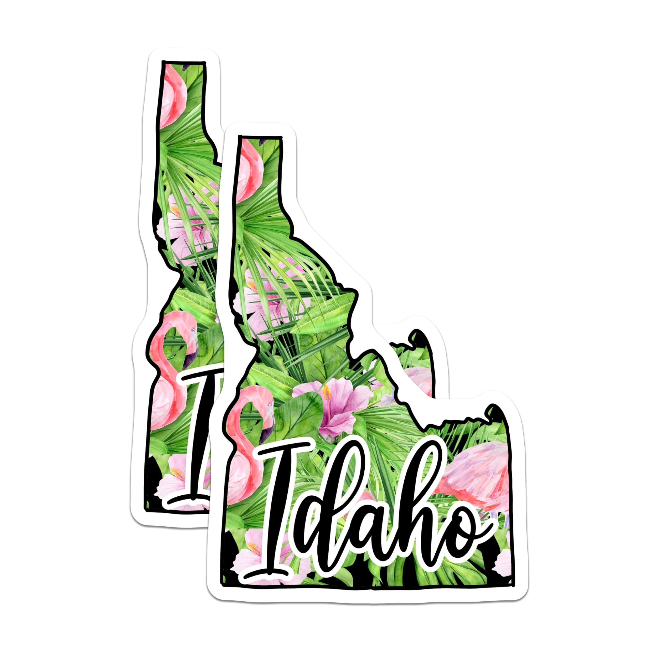 (2 Pack) Idaho Magnets - Tropical Flamingo Design - Pink Hibiscus Flowers - Exotic Palm Leaves - State Map Souvenir - 5 Inches On Longest Side - Thick Durable Magnet - Made in USA - MAG20128