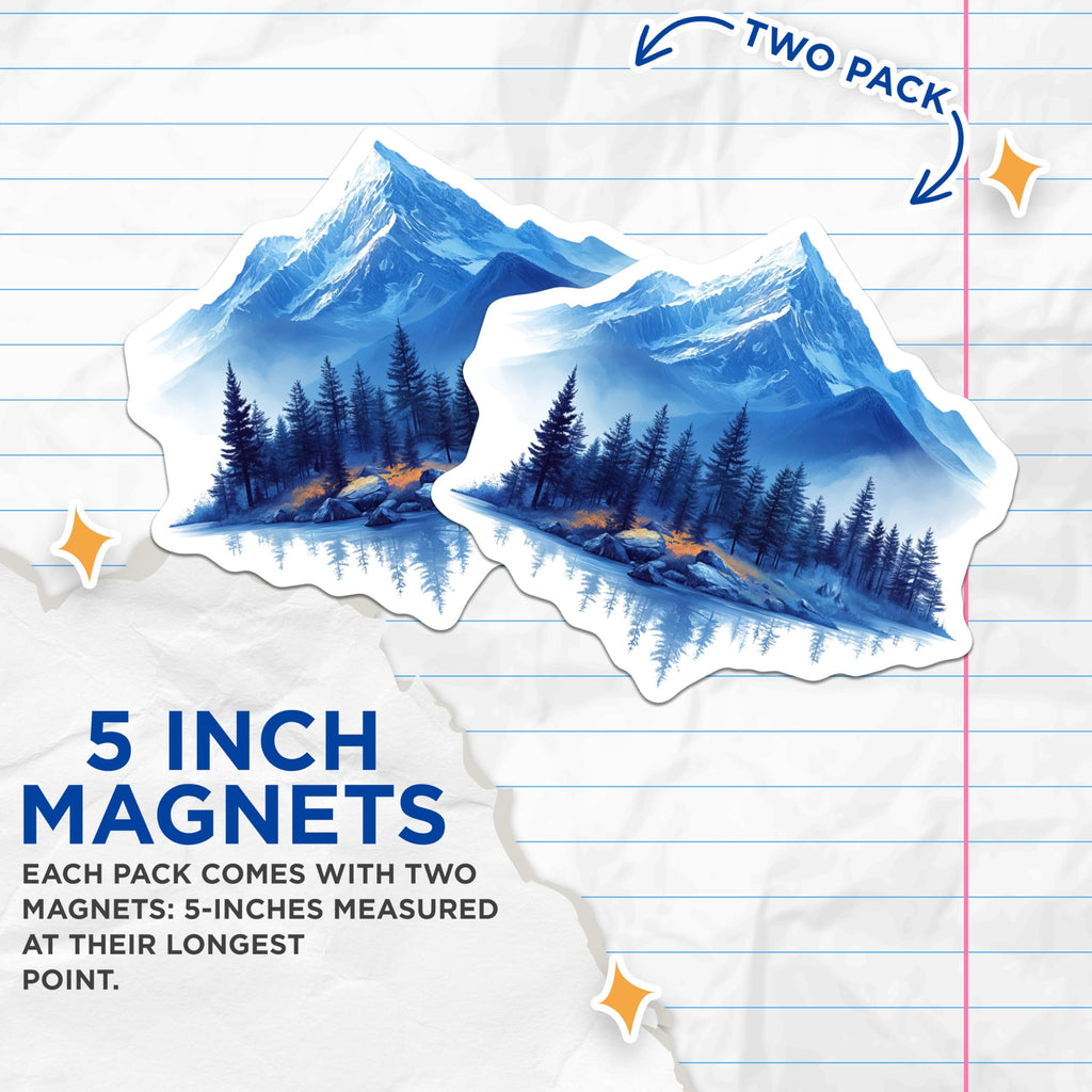 (2 Pack) Mountain Landscape Magnets - Pine Forest Scene - Refrigerator Decor Outdoor Adventure - 5 Inches On Longest Side - Thick Durable Magnet - Made in USA - MAG27956