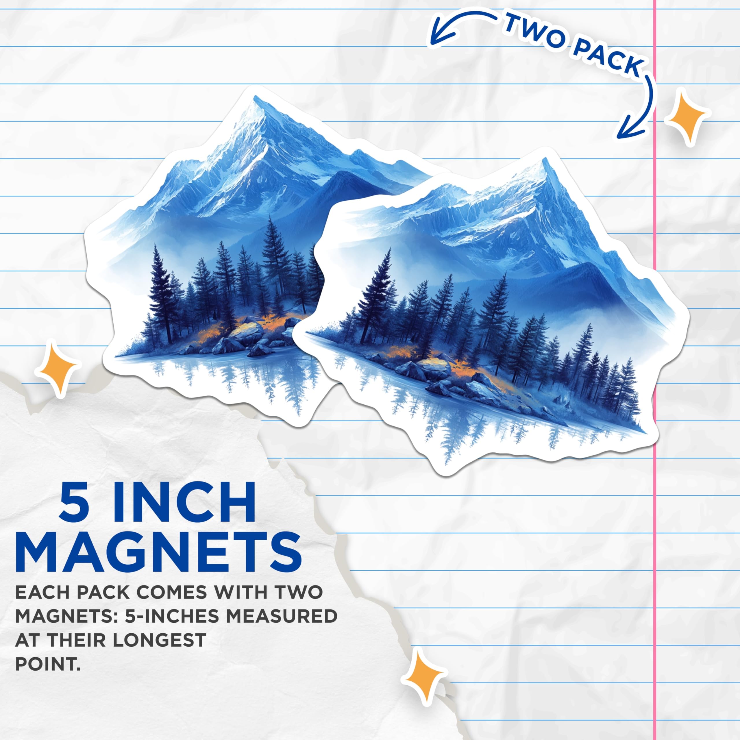 (2 Pack) Mountain Landscape Magnets - Pine Forest Scene - Refrigerator Decor Outdoor Adventure - 5 Inches On Longest Side - Thick Durable Magnet - Made in USA - MAG27956